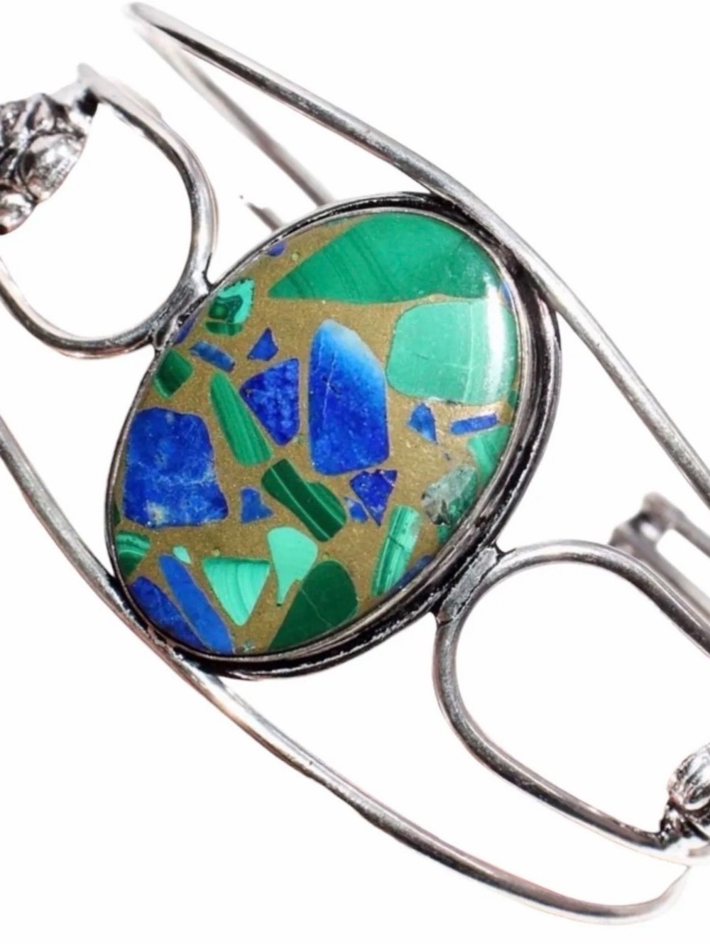 Copper Malachite Lapis Lazuli Inlay Cuff Bracelet Sterling Silver Overlay